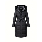 Gevoerde winterjas - stijlvolle zwarte damesjas met een nepbontkap