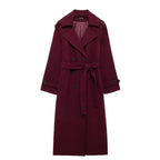 Dames lange trenchcoat in elegant rood - stijlvolle winteroverjas voor gezellige avonden