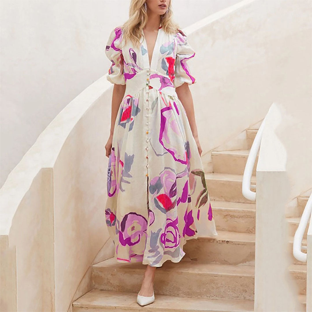 Dames bloemen maxi jurk - elegante puff mouw button-down zomerjurk