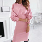 Dames casual bodycon jurk met pofmouwen - elegante midi jurk voor avondkleding