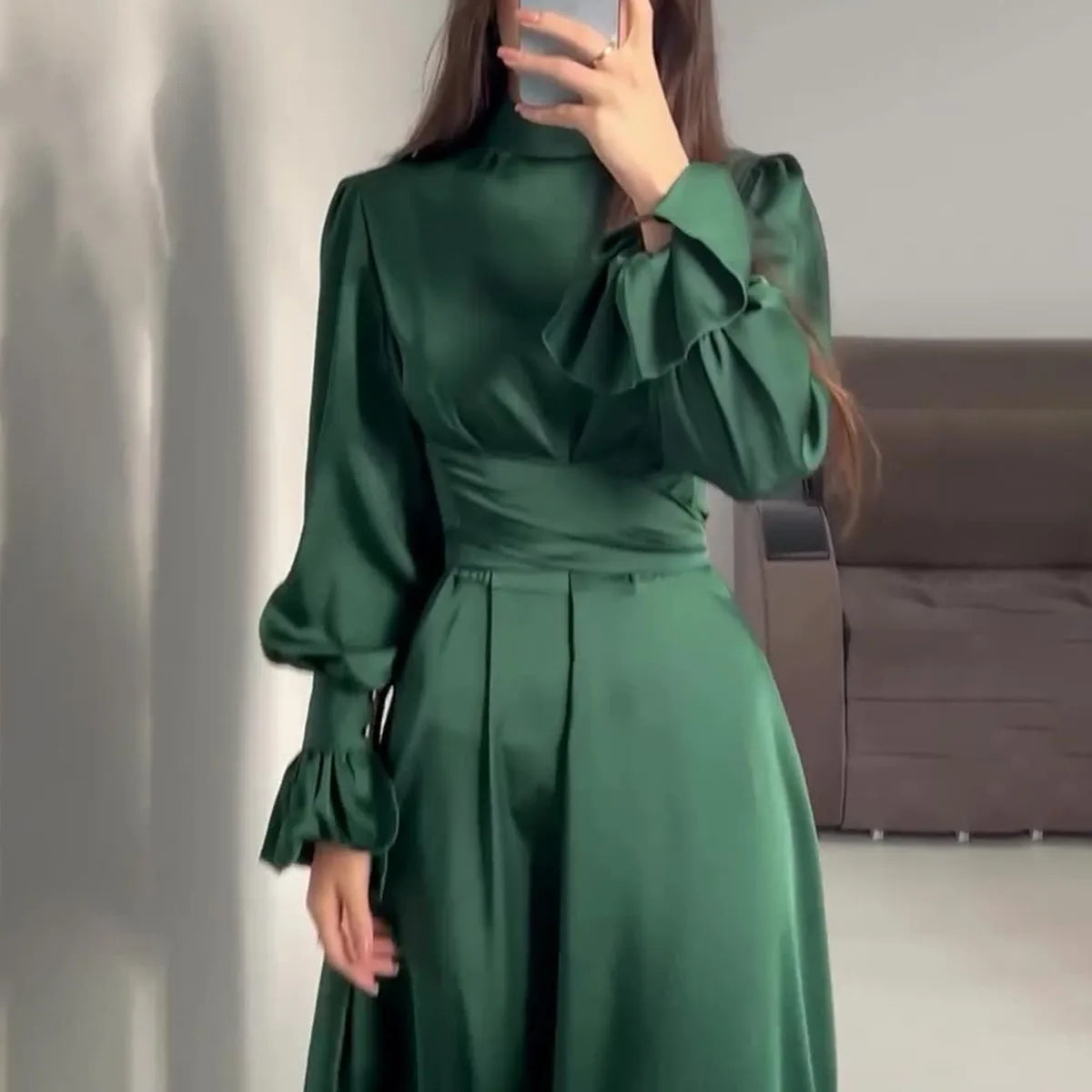 Dames casual maxi jurk - elegante groene lange mouw avondmode voor formele gelegenheden - tijdloze stijl, flatterende pasvorm