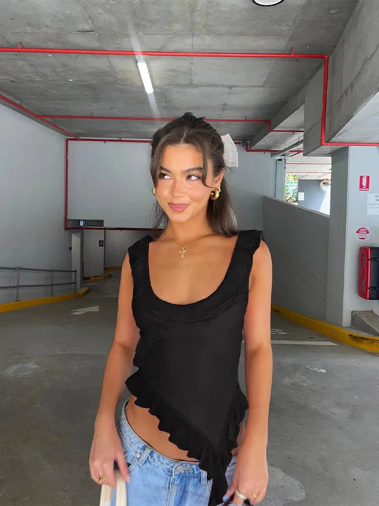 Chique zwarte top met ruches - Bakkermode.nl