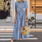 Dames denim maxi jurk - casual zomerstijl met knopen en zakken