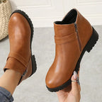 Retro leren enkellaarzen dames – lage hakken met gespsluiting - Bakkermode.nl