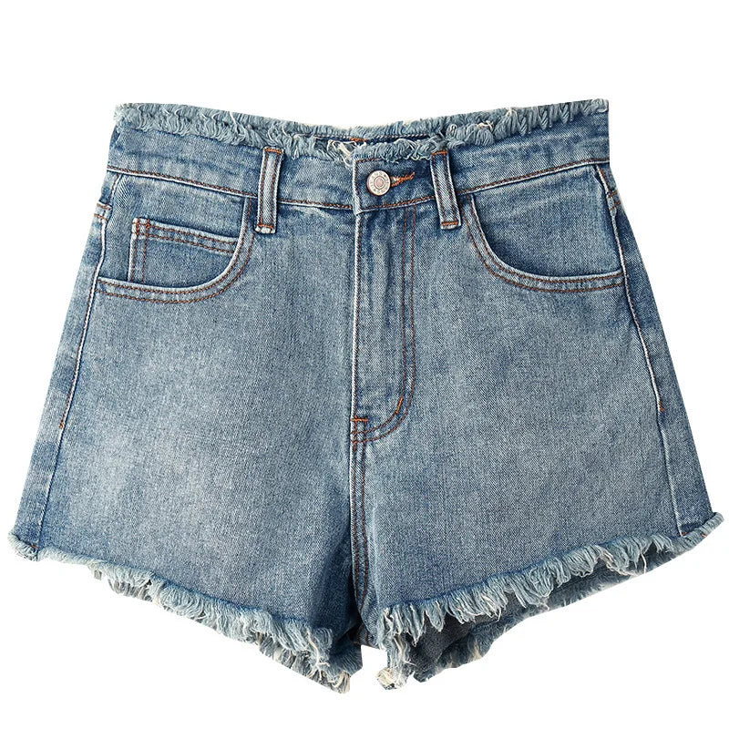 Hoge taille denim shorts met rafels - Bakkermode.nl