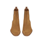 Handgemaakte bruine suède enkellaarzen dames – comfortabele blokhak - Bakkermode.nl