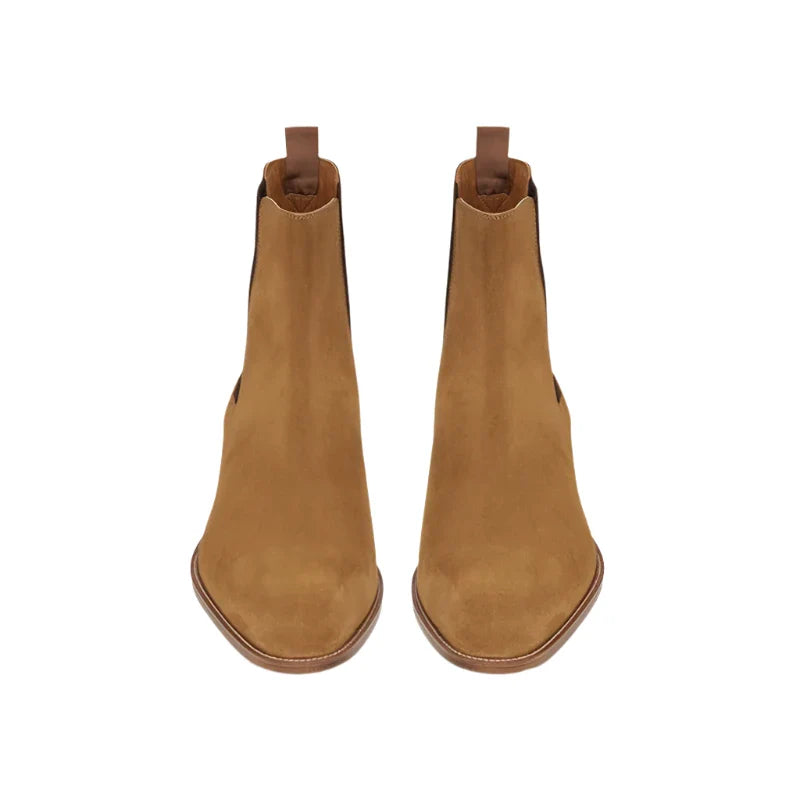 Handgemaakte bruine suède enkellaarzen dames – comfortabele blokhak - Bakkermode.nl