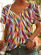Dames v-hals t-shirt - kleurrijke abstracte print