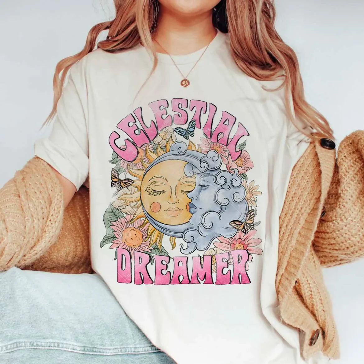 90s Stijl zomer t-shirt maan glimlachend gezicht print - Bakkermode.nl