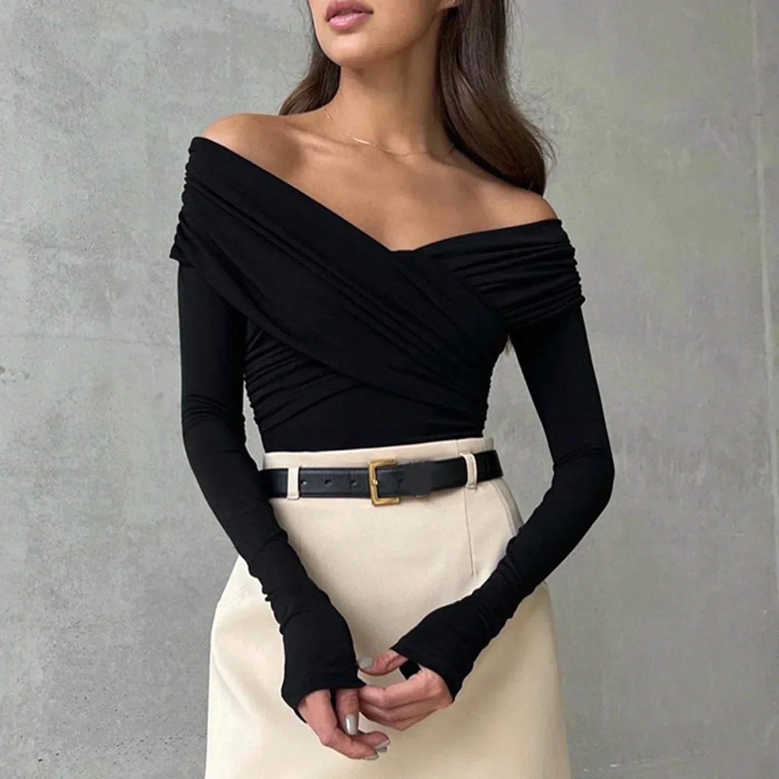 Off-shoulder lange mouw top - elegante aangesloten blouse voor vrouwen