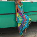 Dames blauwe tie-dye jumpsuit - vrolijke casual zomeroutfit voor vrouwen