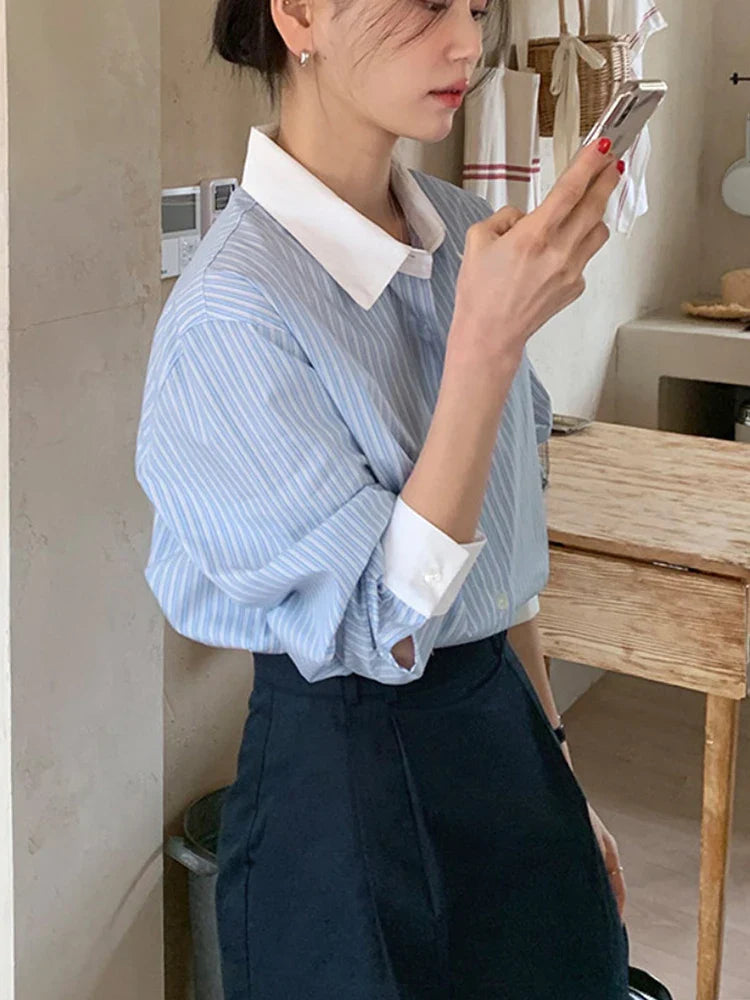 Gestreepte blouse met contrasterende kraag - Bakkermode.nl