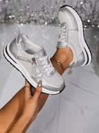 Dames zilveren sneakers - stijlvolle gezellige trainers met ritsdetails