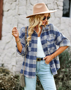 Dames tops relaxed fit blauwe geruite blouse - oversized flanel voor casual look