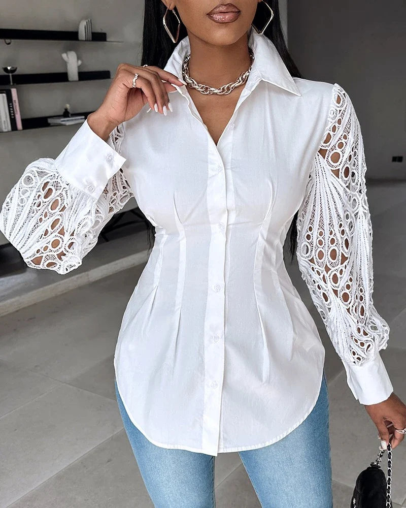 Witte blouse met kanten mouwen - Bakkermode.nl