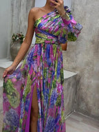 Vloeiende bloemenprint maxi-jurk met één schouder in lila