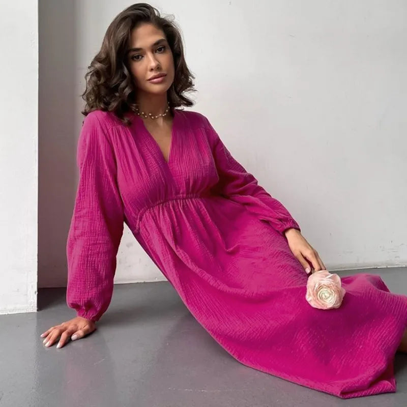 Midi-jurk met V-hals en ballonmouwen - Bakkermode.nl