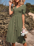 Dames knoop midi jurk - tijdloos casual dagoutfit met v-hals ontwerp, zachte stof