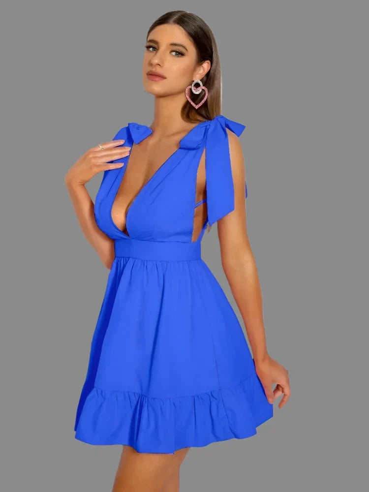 Mini-jurk met diepe V-hals en strikbanden - Bakkermode.nl