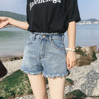 Hoge taille denim shorts met rafels - Bakkermode.nl