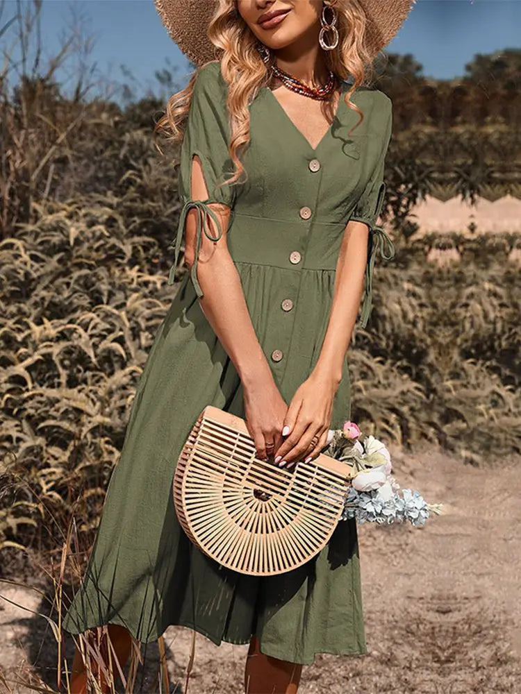 Dames knoop midi jurk - tijdloos casual dagoutfit met v-hals ontwerp, zachte stof