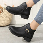 Retro leren enkellaarzen dames – lage hakken met gespsluiting - Bakkermode.nl