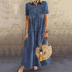 Dames denim maxi jurk - casual zomerstijl met knopen en zakken