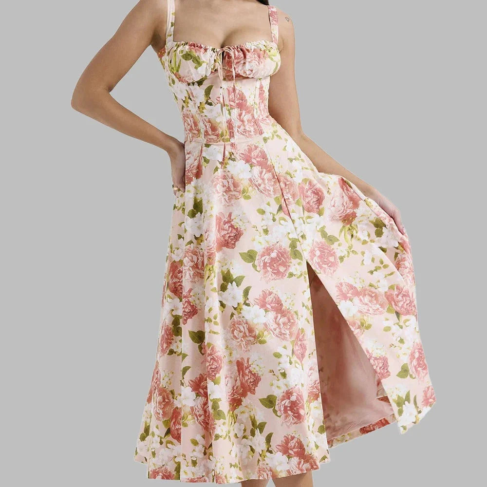 Bloemenjurk met strikbandjes en split - Bakkermode.nl