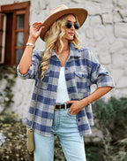Dames tops relaxed fit blauwe geruite blouse - oversized flanel voor casual look