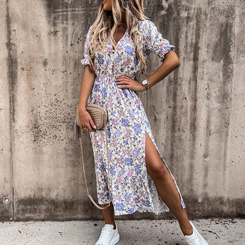Bloemen maxi jurk - elegante dames zomerjurk met gaatje aan de zijkant
