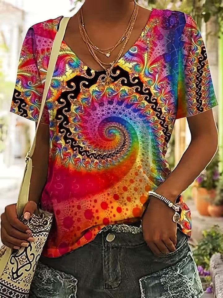 Dames v-hals t-shirt - kleurrijke abstracte print