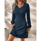 Dames geribd gebreid jurk met lange mouwen - gezellige v-hals dagjurk voor vrouwen