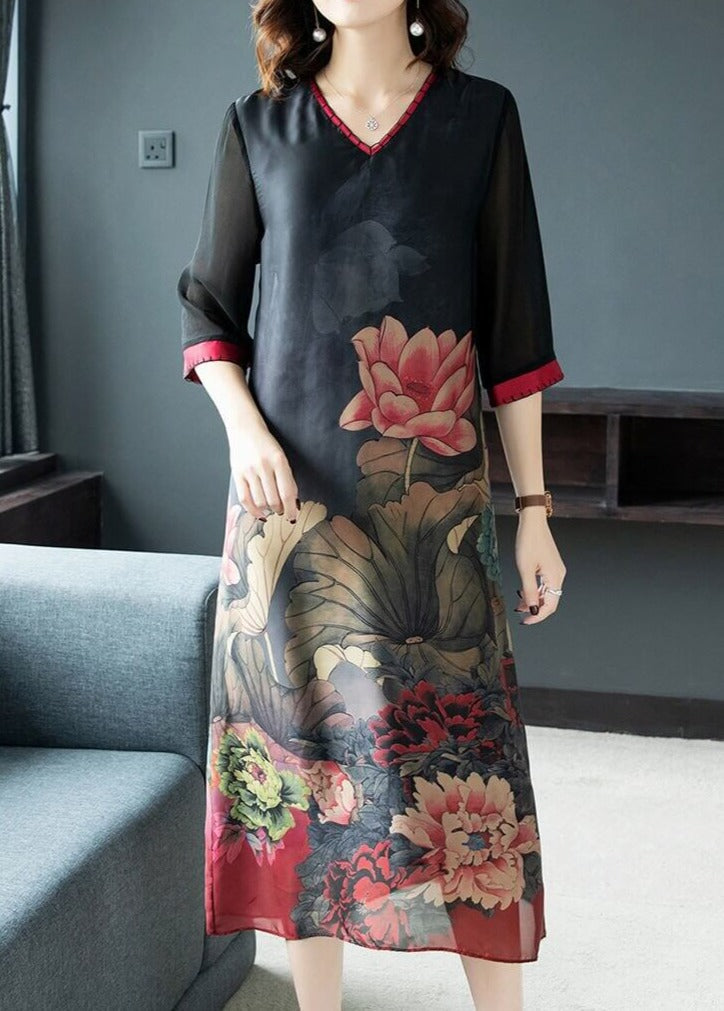 Bloemige maxi jurk - verfijnde zijden-look evening gown