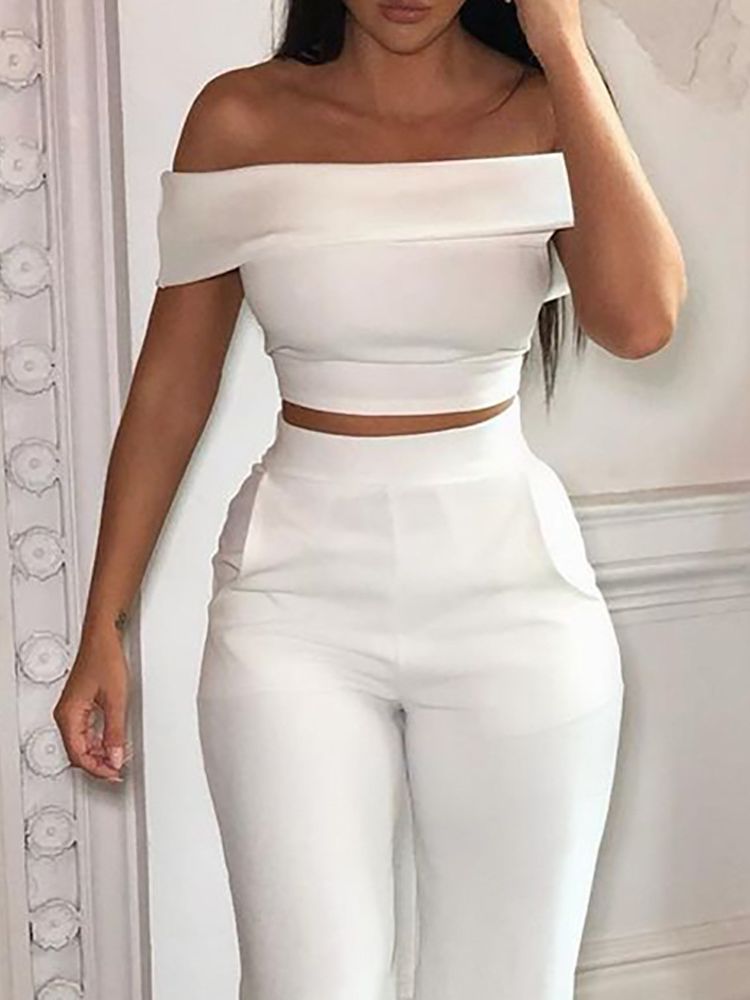 2-delige witte off-shoulder crop top en broek set - chique avondoutfit
