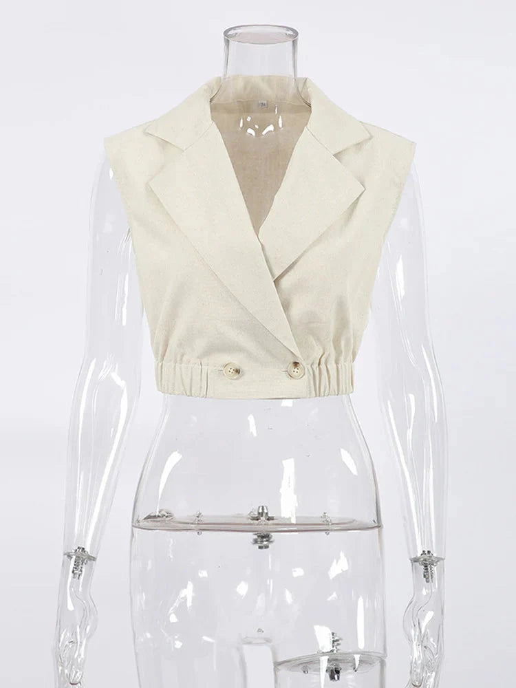 Beige mouwloze blazer top - Bakkermode.nl