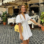 Dames witte geborduurde jurk - verfijnde korte puff mouw outfit