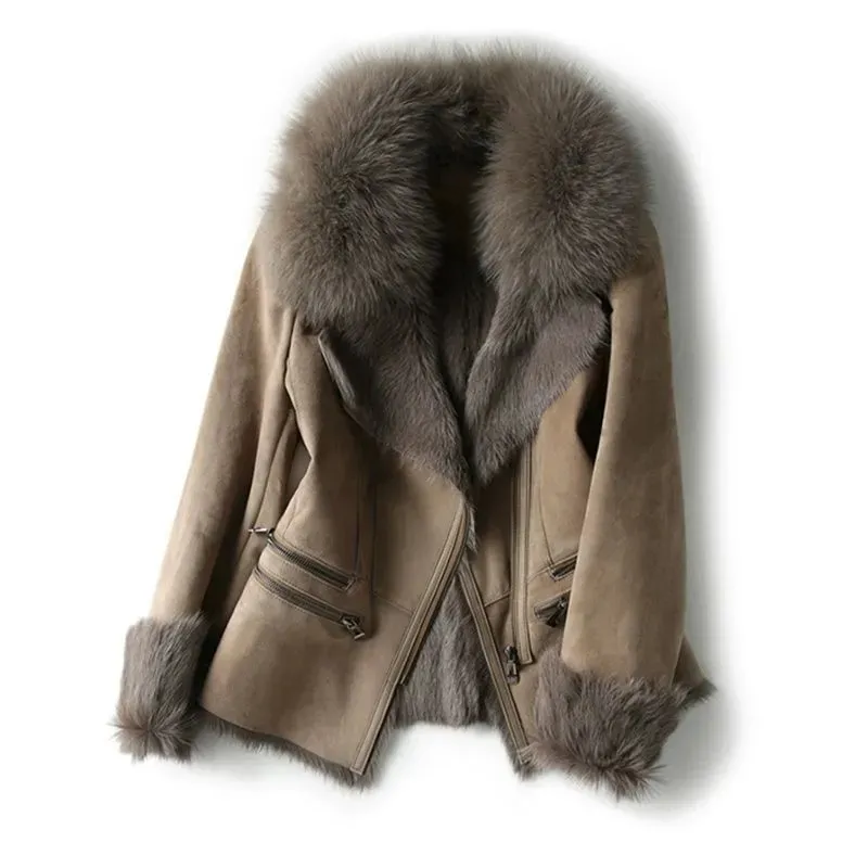 Suède dames bikerjack - elegant bruin jack met imitatiebontkraag - Bakkermode.nl