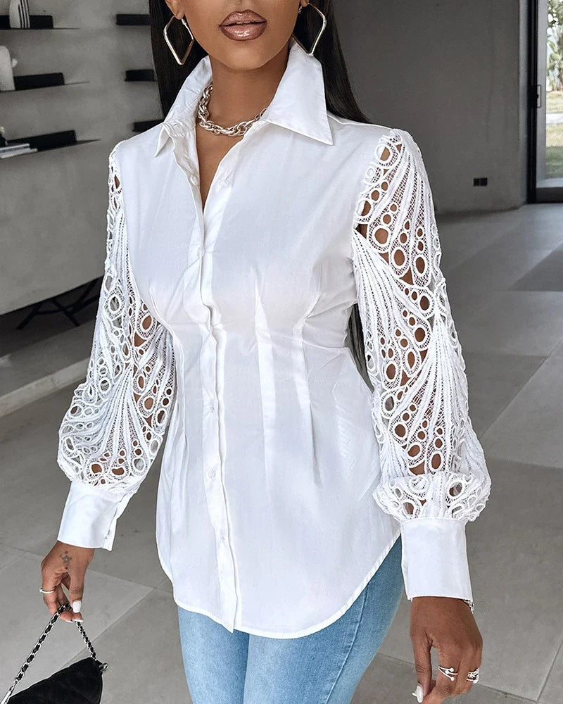Witte blouse met kanten mouwen - Bakkermode.nl