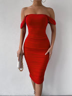 Vrouwen off-shoulder midi jurk - elegante gerimpelde bodycon stijl voor speciale gelegenheden