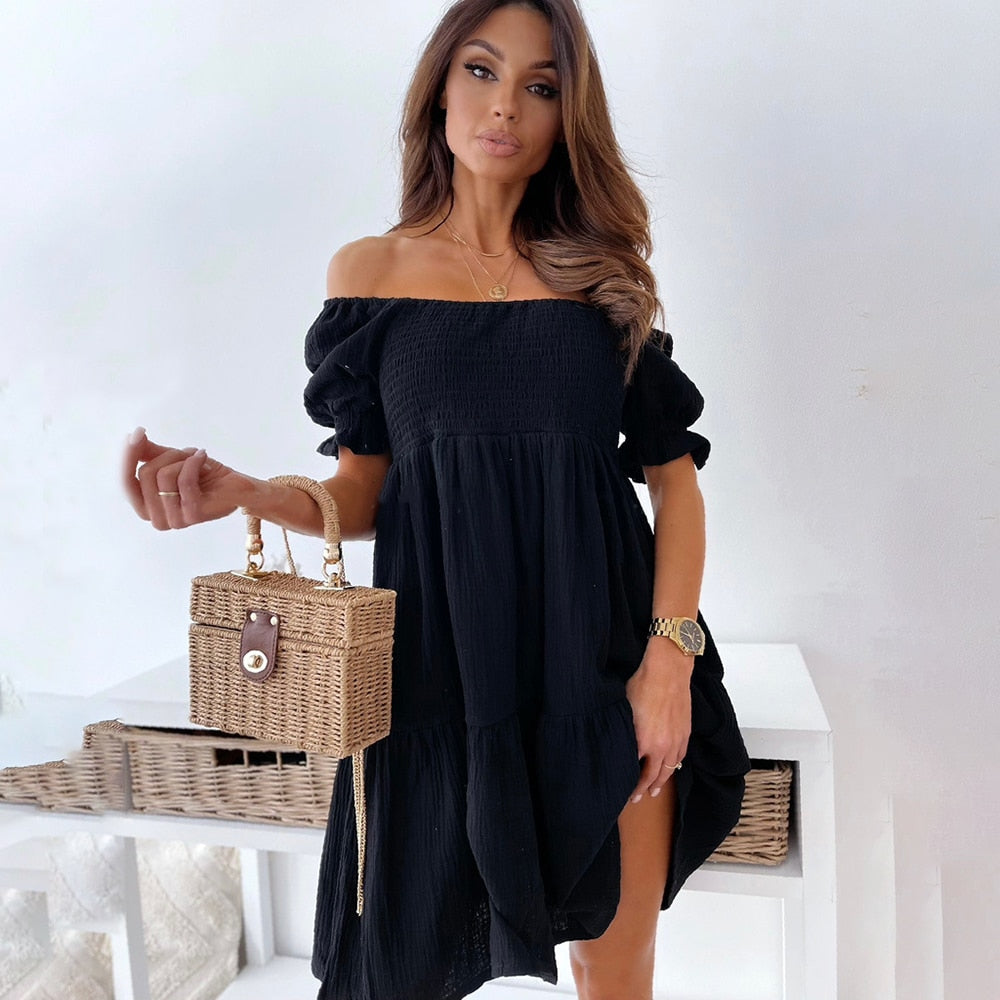 Dames casual jurk elegante off-shoulder midi - stijlvolle katoenmix voor plezierige uitjes