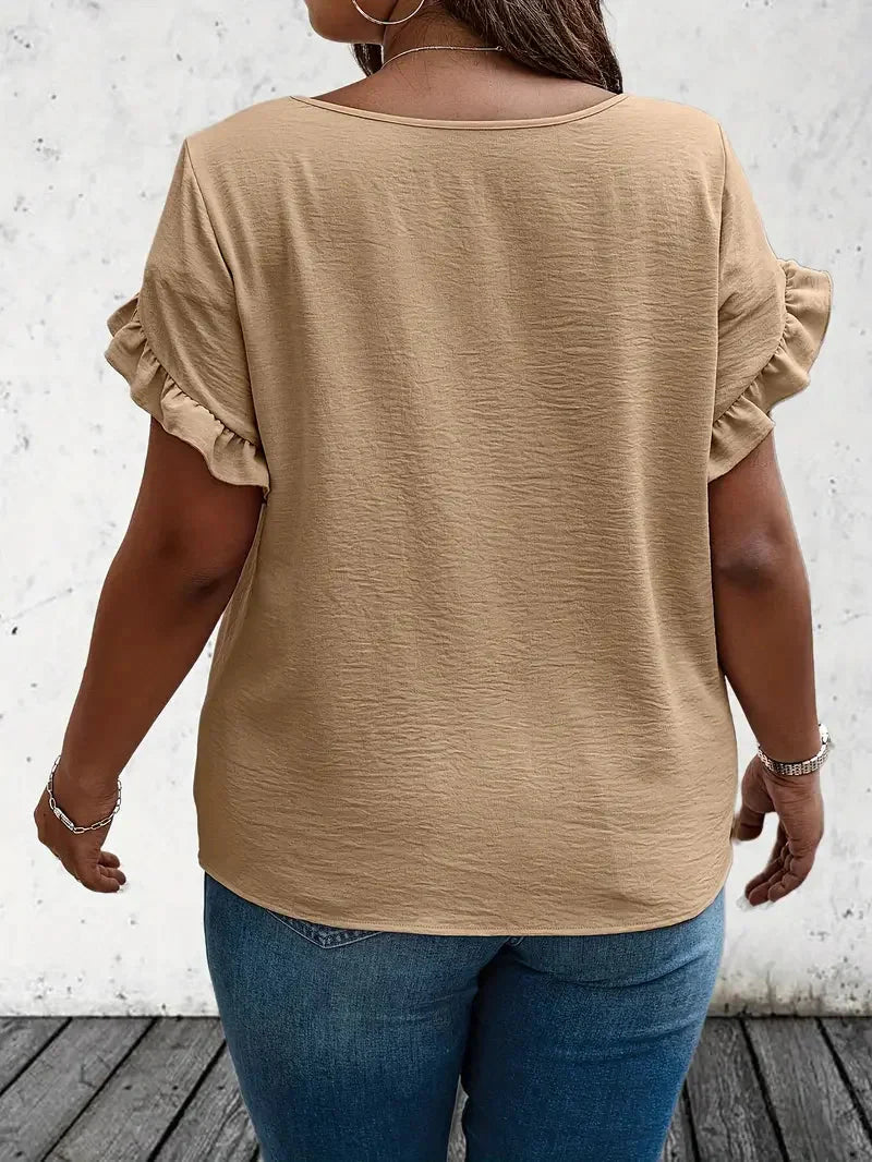 Beige blouse met ruches - Bakkermode.nl