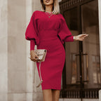 Dames casual bodycon jurk met pofmouwen - elegante midi jurk voor avondkleding