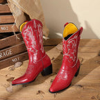 Rode en zwarte halfhoge cowboylaarzen met bloemenborduursel – elegantie & westernstijl voor dames - Bakkermode.nl