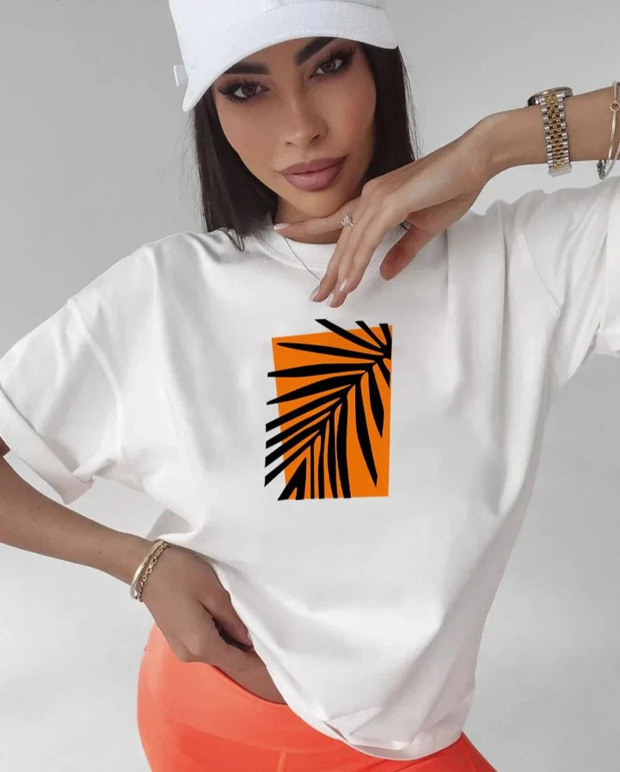 Vintage oranje blad print t-shirt - Bakkermode.nl