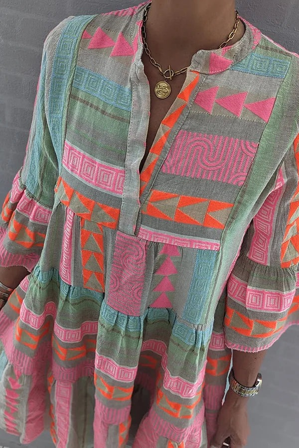 Artistieke midi-jurk - multi-kleurige dames zomertunic