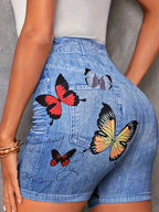 Vrolijke vlinder hoge taille shorts denim print - Bakkermode.nl