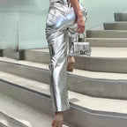 Dames grijs metallic broek - glanzende modebroeken voor casual of feestelijke gelegenheden