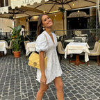 Dames witte geborduurde jurk - verfijnde korte puff mouw outfit