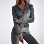 Dames fluwelen jumpsuit - elegante casual outfit met lange mouwen en ritsdetail