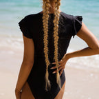 Zwarte zwemoutfit - gekruiste korte mouwen dames badpak